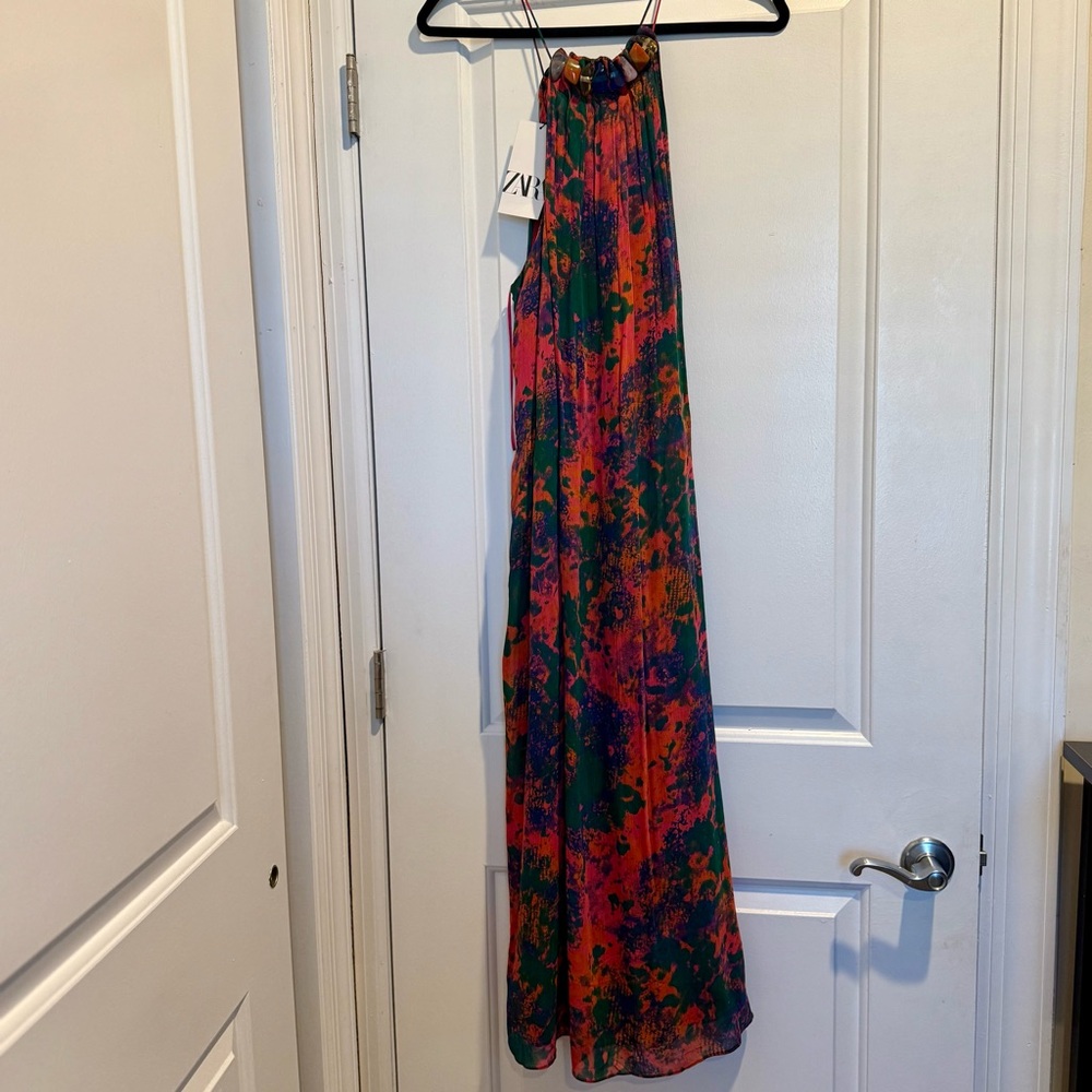 (NWT) Zara Multicolor Midi Dress with Stone Beaded Neckline - Size M
